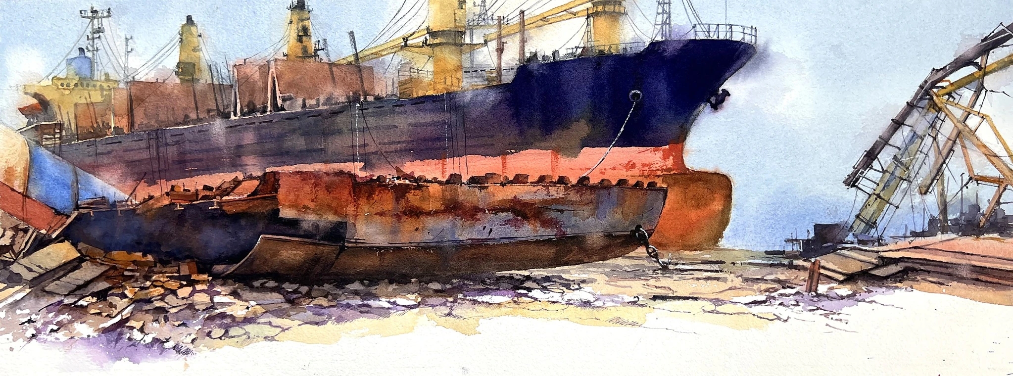 Ship Breaking Yard III — watercolour on paper by Iqbal Hossion